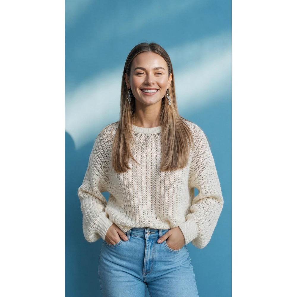 DKNY Jeans Womens XL Ivory Open Knit Pointelle Crewneck Sweater DJSR0108 New